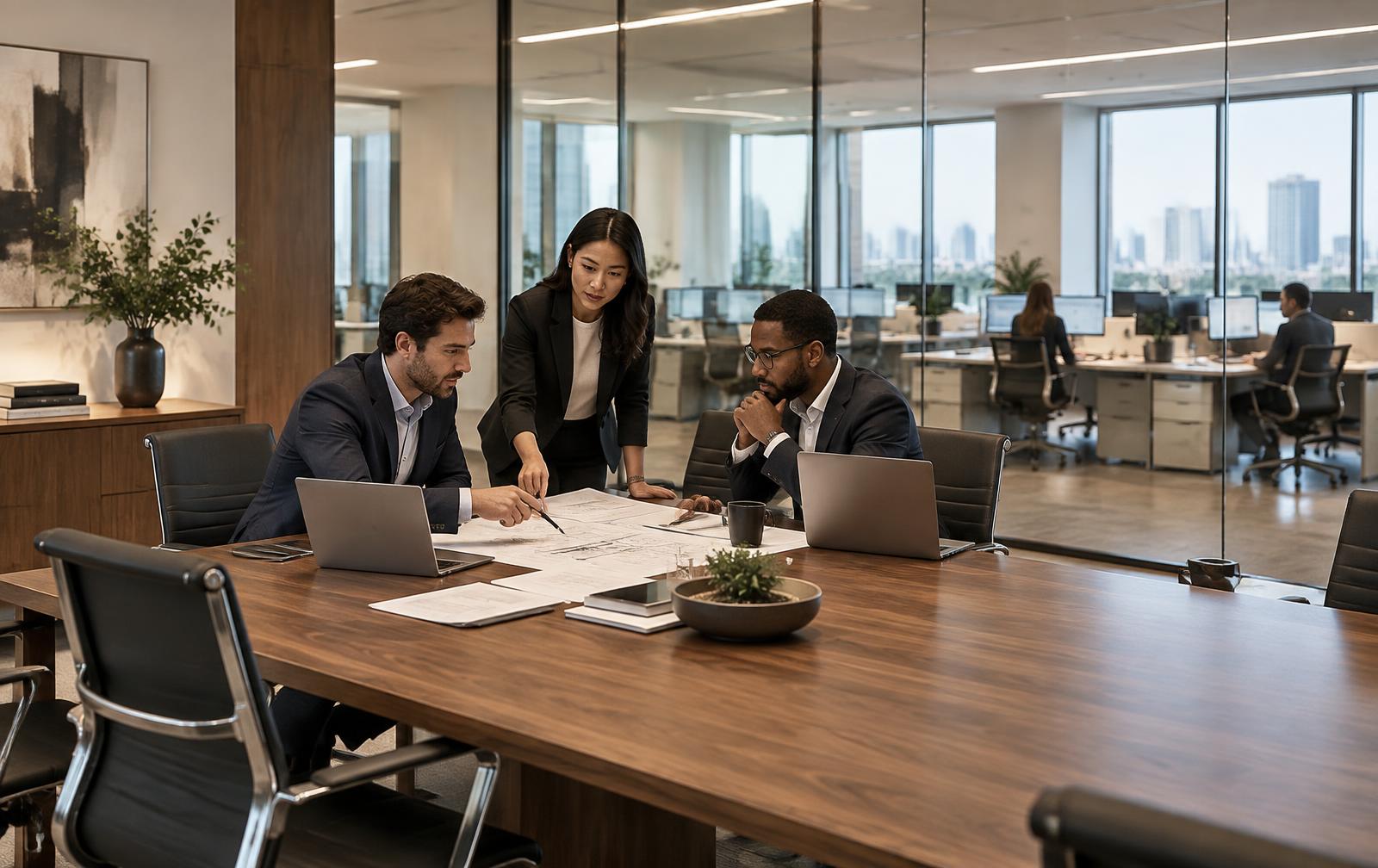 Illustrative corporate workplace with professionals meeting beside glazed offices and workstations