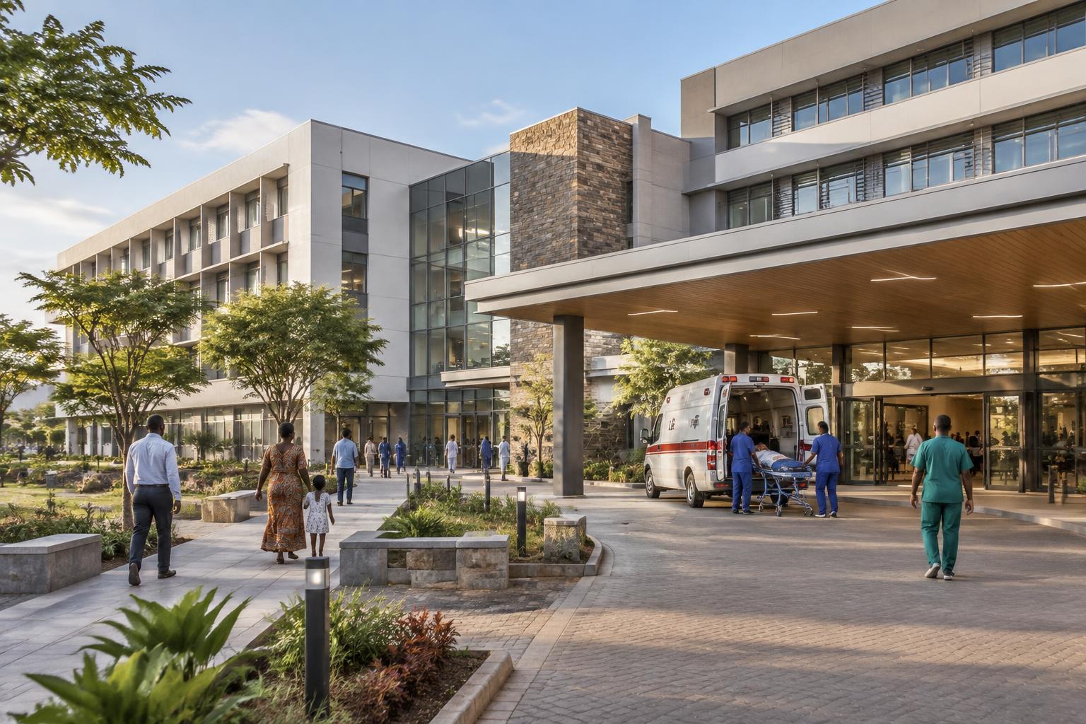 Healthcare campus with clinical wings, covered ambulance arrival and public entrance