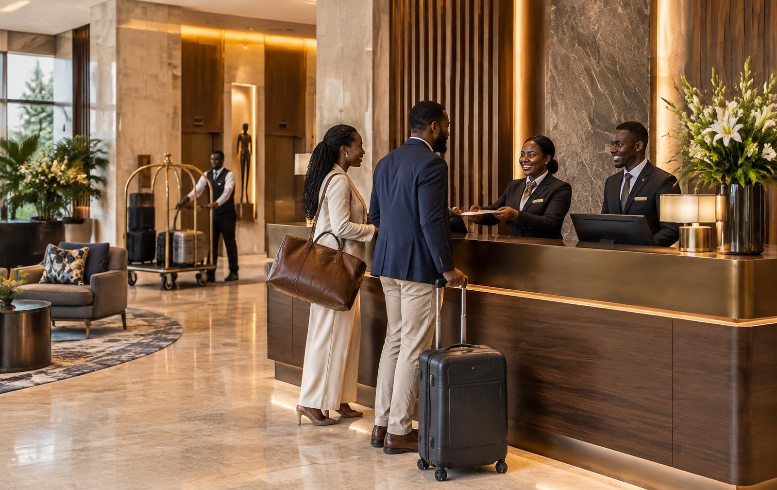 Illustrative hotel lobby with staffed reception desk, arriving guests and luggage