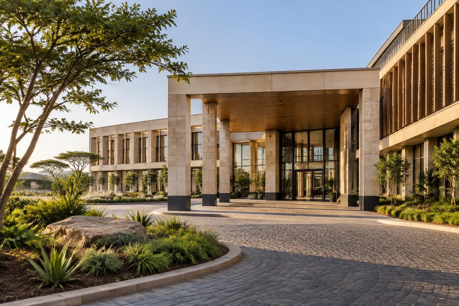 Institutional architecture and landscaped arrival space