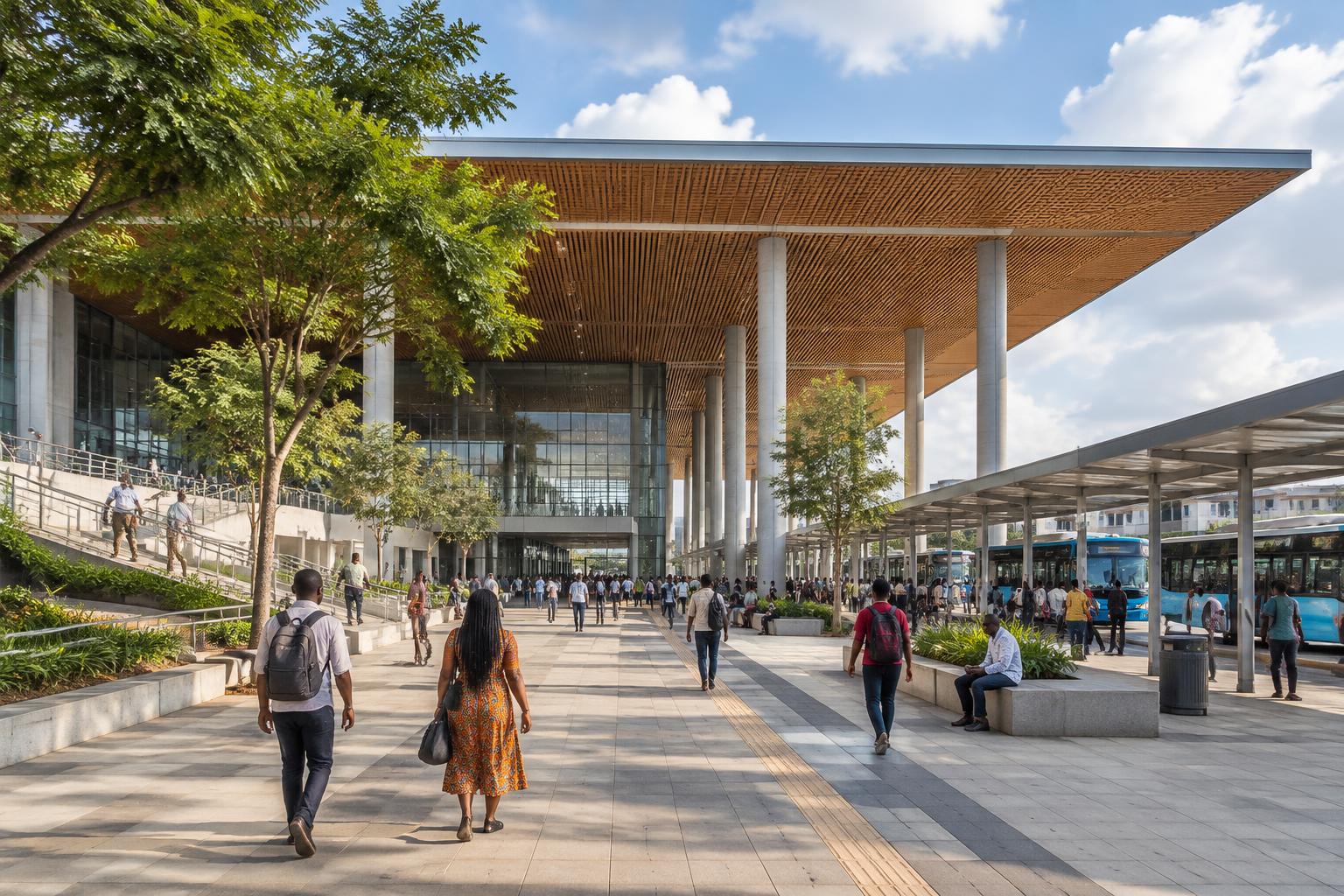 Public civic transit interchange with pedestrian access, bus platforms and a large forecourt