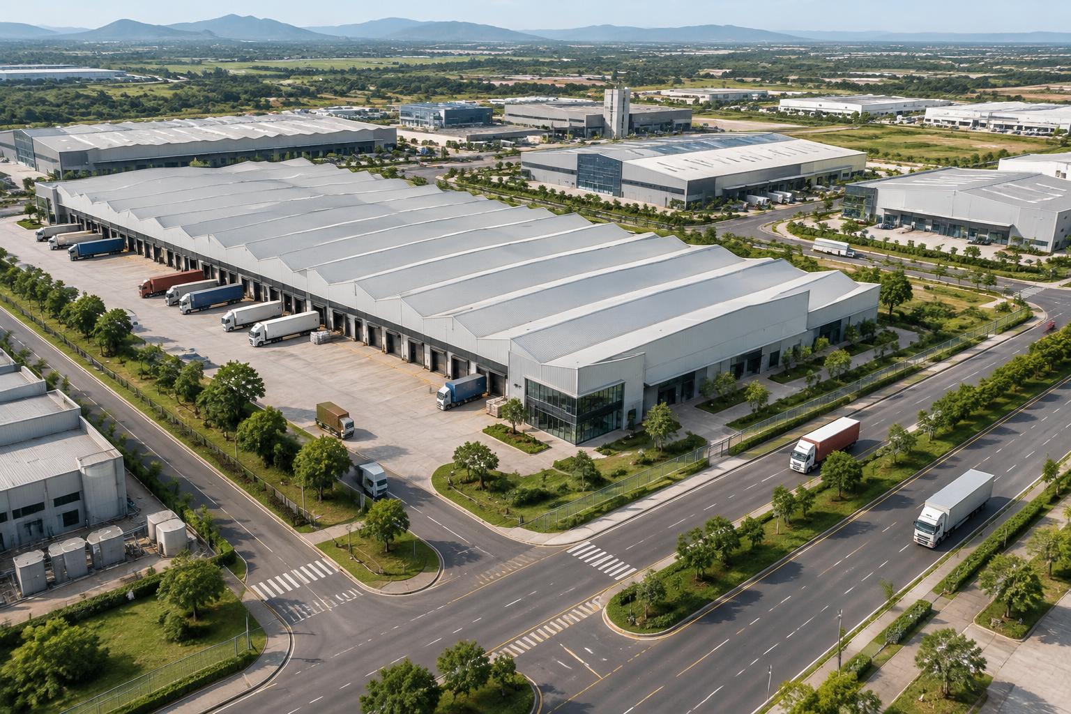 Industrial and logistics campus with production buildings, loading areas, roads and greenery